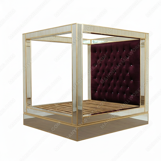 Mirrored Canopy Bed w/ Upholstered Velvet Tufted Headboard