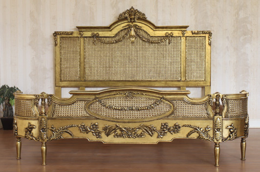 Custom Antiqued Gold Cane Rattan Bed