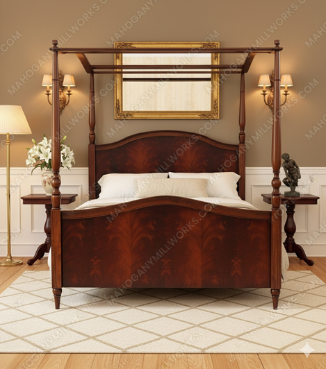 4 poster canopy bed with crotch mahogany veneer inlay - E. King