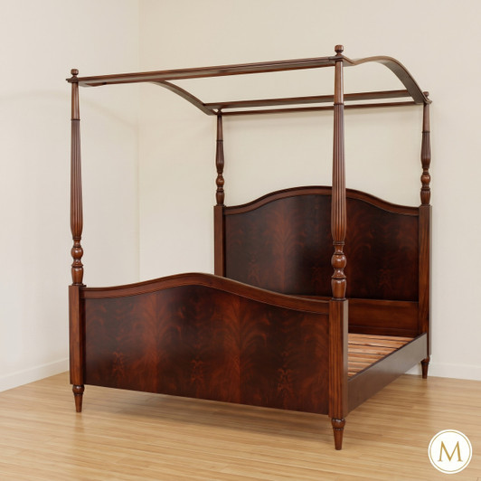 4 poster canopy bed with crotch mahogany veneer inlay - E. King