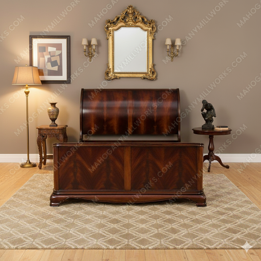 Mahogany French Sleigh Bed with Crotch Mahogany Veneer Inlay - Queen