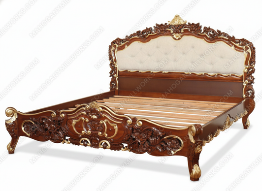 Custom Mahogany Rococo Bed With Upholstered Headboard (E. King)
