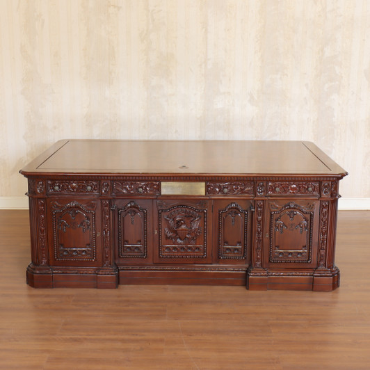 7ft Mahogany President's Resolute Desk w/ Mappa Burl Inlay Wood Top