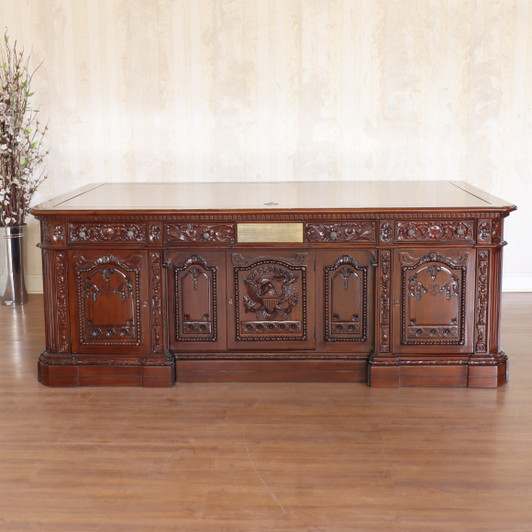 7ft Mahogany President's Resolute Desk w/ Mappa Burl Inlay Wood Top