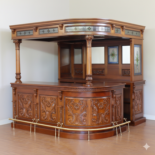 Custom Mahogany Stained Glass English Corner Pub Bar