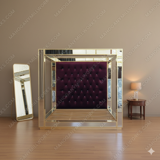 Mirrored Four Post Canopy Bed w/ Tufted Purple Velvet Headboard (Low Profile)