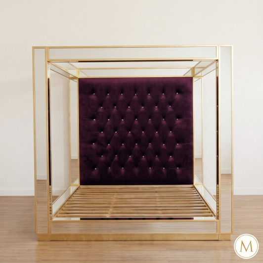 Mirrored Four Poster Canopy Bed w/ Tufted Velvet Headboard (Low Profile)