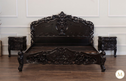 3pc Distressed Black French Rococo Bedroom Set