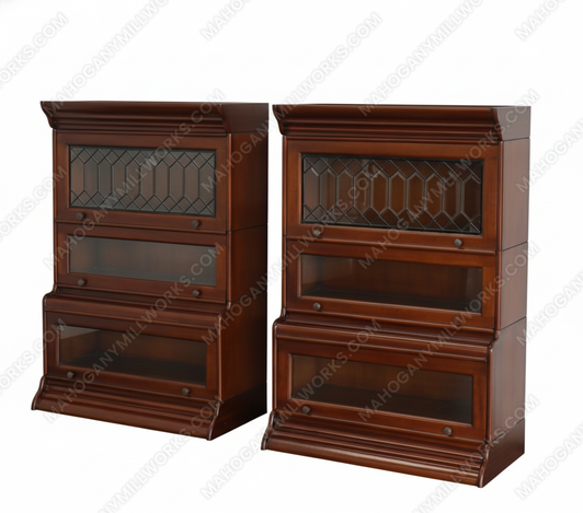 Custom Mahogany 3-Stack Barrister Bookcase w/ Leaded Glass