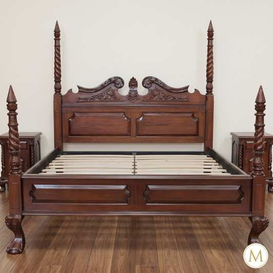 Walnut Queen Anne Barley Twist Poster Bed