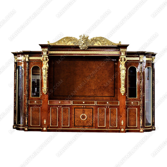 18ft Marquetry Inlay Entertainment Media Cabinet w/ Side Curios