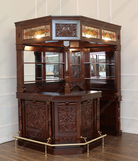 6.5ft Custom Mahogany Stained Glass Corner Canopy Pub Bar
