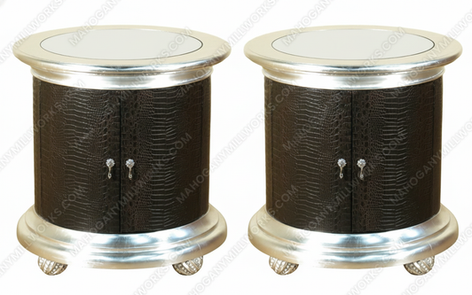 Round Silver Leaf Faux Croc Leather Nightstands Pair (2)