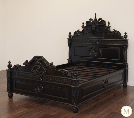 Black Gothic Lion Carved Bed w/ Satin Finish