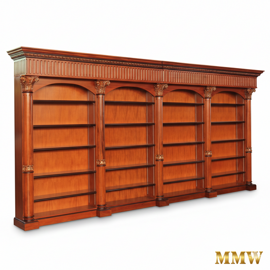 18.5ft Grand Solid Mahogany Classical 4-Section Library Bookcase with Fluted Columns