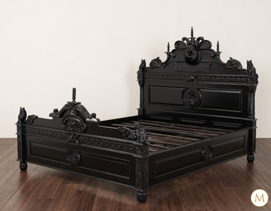 Black Gothic Bed w/ Carved Feline Cat Statues