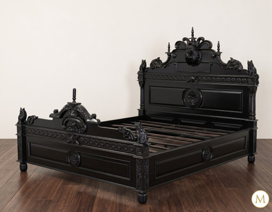 Black Gothic Bed w/ Carved Feline Cat Statues