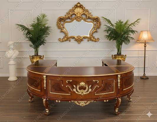 Custom U-Shape Marquetry Inlay Executive Office Desk