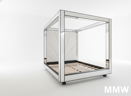 Mirrored Four Post Canopy Bed w/ Upholstered Headboard