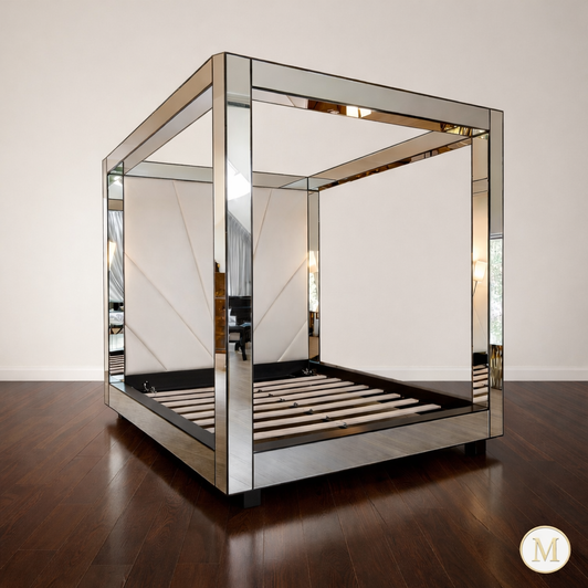 Mirrored Four Post Canopy Bed w/ Upholstered Headboard