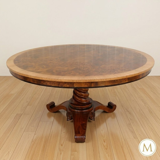 60" Round Walnut Inlaid Dining Table