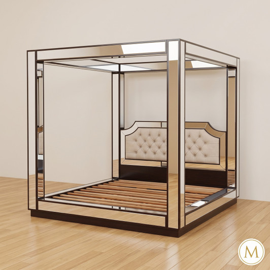 Luxurious Mirrored Canopy Bed w/ Tufted Upholstered Half Headboard