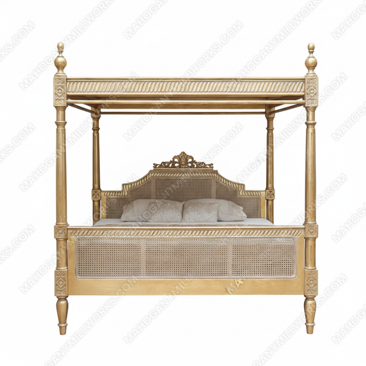 Gold Leaf Provencal Canopy Bed With Wicker Panel
