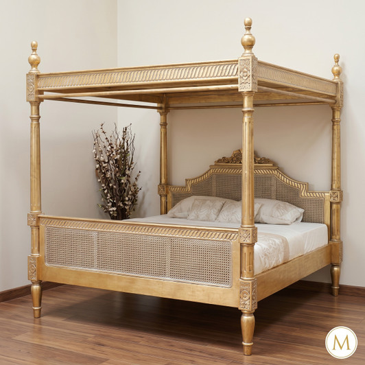 Gold Leaf Provencal Canopy Bed With Wicker Panels