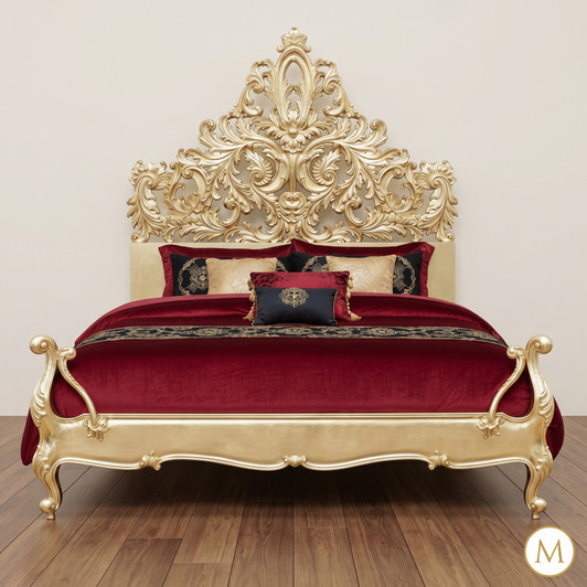 Gold Leaf Bed w/ Ornate Carved Headboard