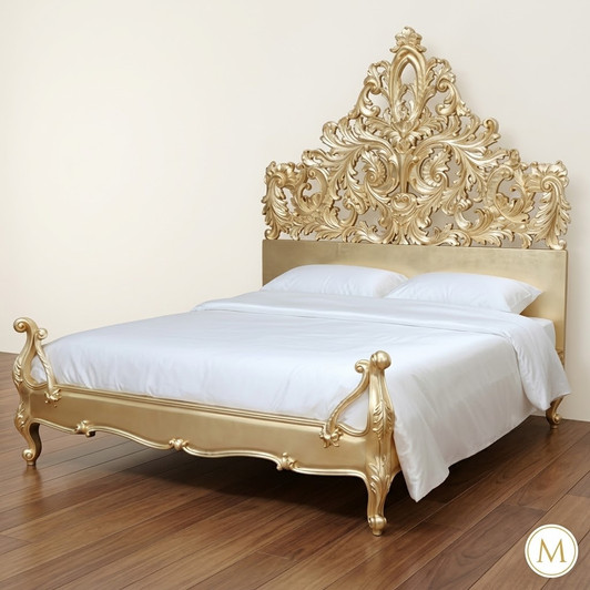 Gold Leaf Bed w/ Ornate Carved Headboard