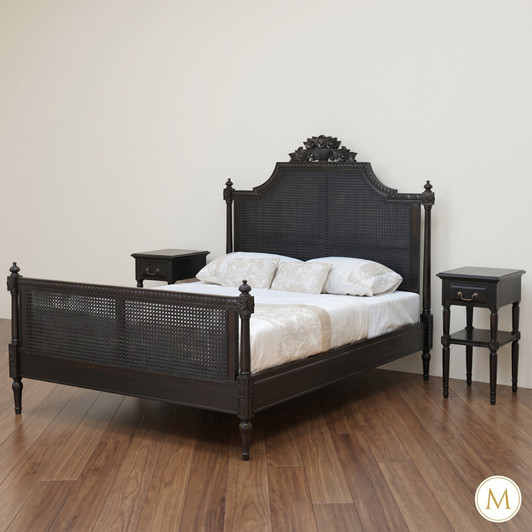 Painted Black French Marseilles Style Bed with Wicker Panel Set of 3