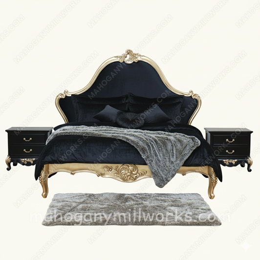 Gold Leaf Louis Carved Bed With Velvet Fabric Upholstery
