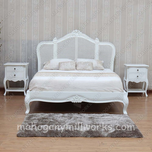 Painted White French Normandie Style Bed with Wicker Panel Set Of 3