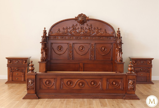 Ornate Hand Carved Solid Mahogany Gothic Bed