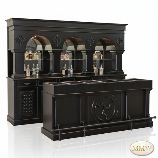 Custom Dark Teak Pub Bar Set w/ Brass Rails