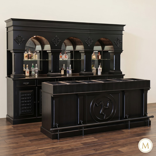 Custom Dark Teak Pub Bar Set w/ Brass Rails