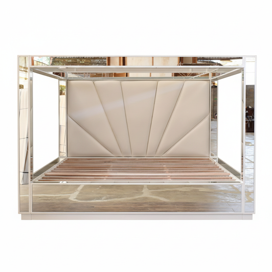 Oversized Alaska King Mirrored Four Poster Canopy Bed w/ Bright White Trim