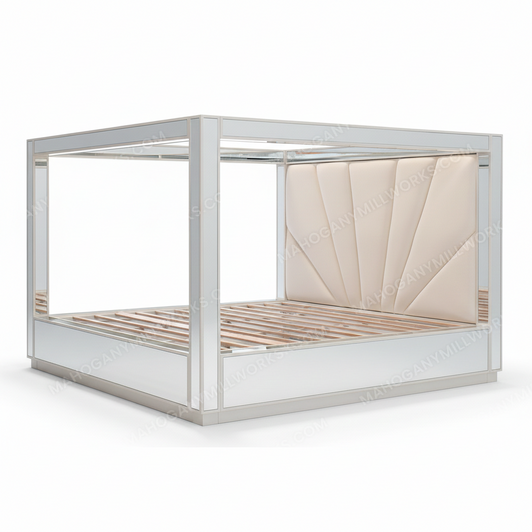 Oversized Alaska King Mirrored Four Poster Canopy Bed w/ Bright White Trim