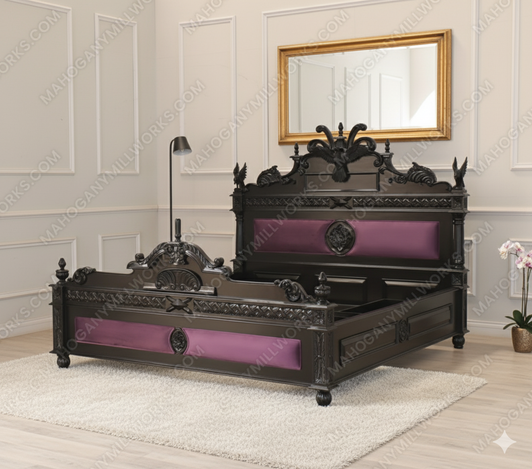 Black Gothic Raven Carved Bed w/ Hidden Storage Compartments & Lights