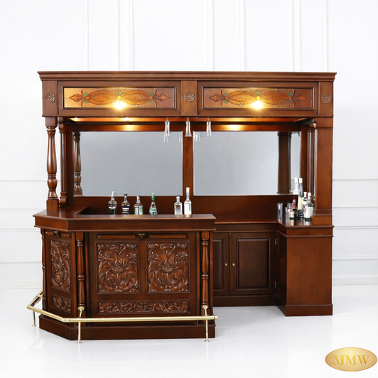 Elegant mahogany corner bar with liquor display