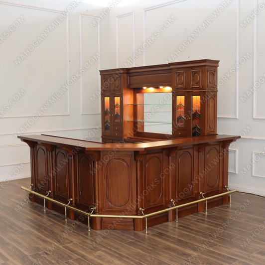 11ft Light Walnut Corner Bar w/ Stained Glass