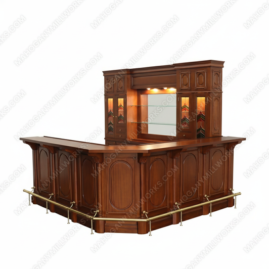 11ft Light Walnut Corner Bar w/ Stained Glass