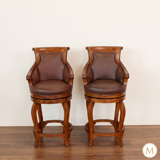 Pecan Genuine Leather  Swivel Barstools (2)