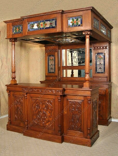 Custom Distressed Canopy Pub Bar w/ Stained Glass