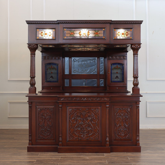7.5ft Solid Mahogany Canopy Pub Bar w/ Stained Glass