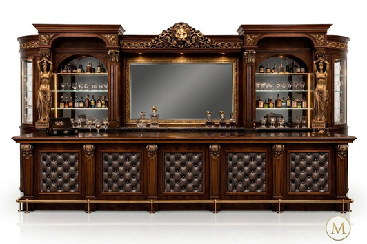 The Regal Lion 30ft Neoclassical Mahogany Bar – Hand-Carved with Tufted Leather & Sculpted Columns
