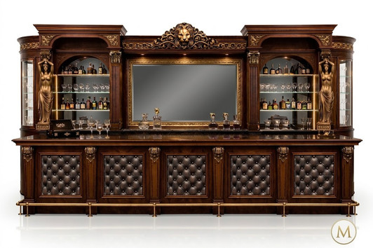 The Regal Lion 30ft Neoclassical Mahogany Bar – Hand-Carved with Tufted Leather & Sculpted Columns