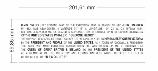 Solid Brass Presidential Resolute Plaque Inscription (7 15/16” W x 2 ¾” H)