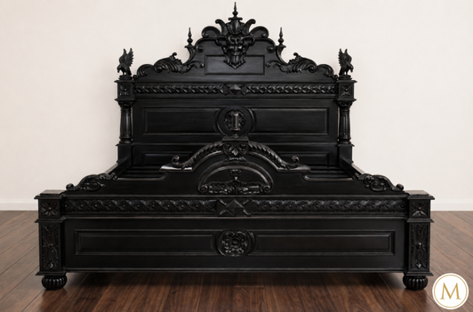 Black Gothic Gargoyle Bed w/ Carved Perched Ravens