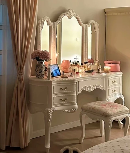 French Vanity Dressing Table with Mirror & Stool
